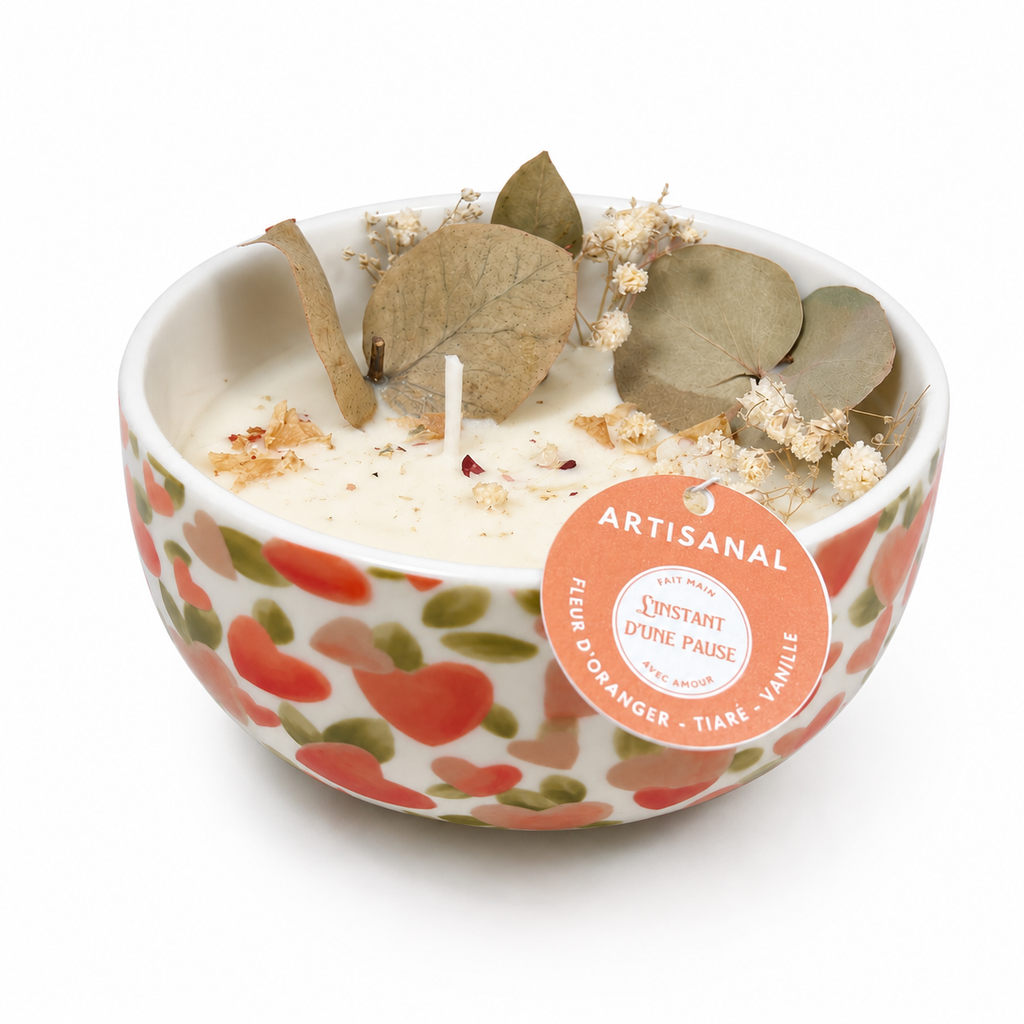 Bougie Fleur d’Oranger, Tiaré & Vanille – Bol céramique cœurs
