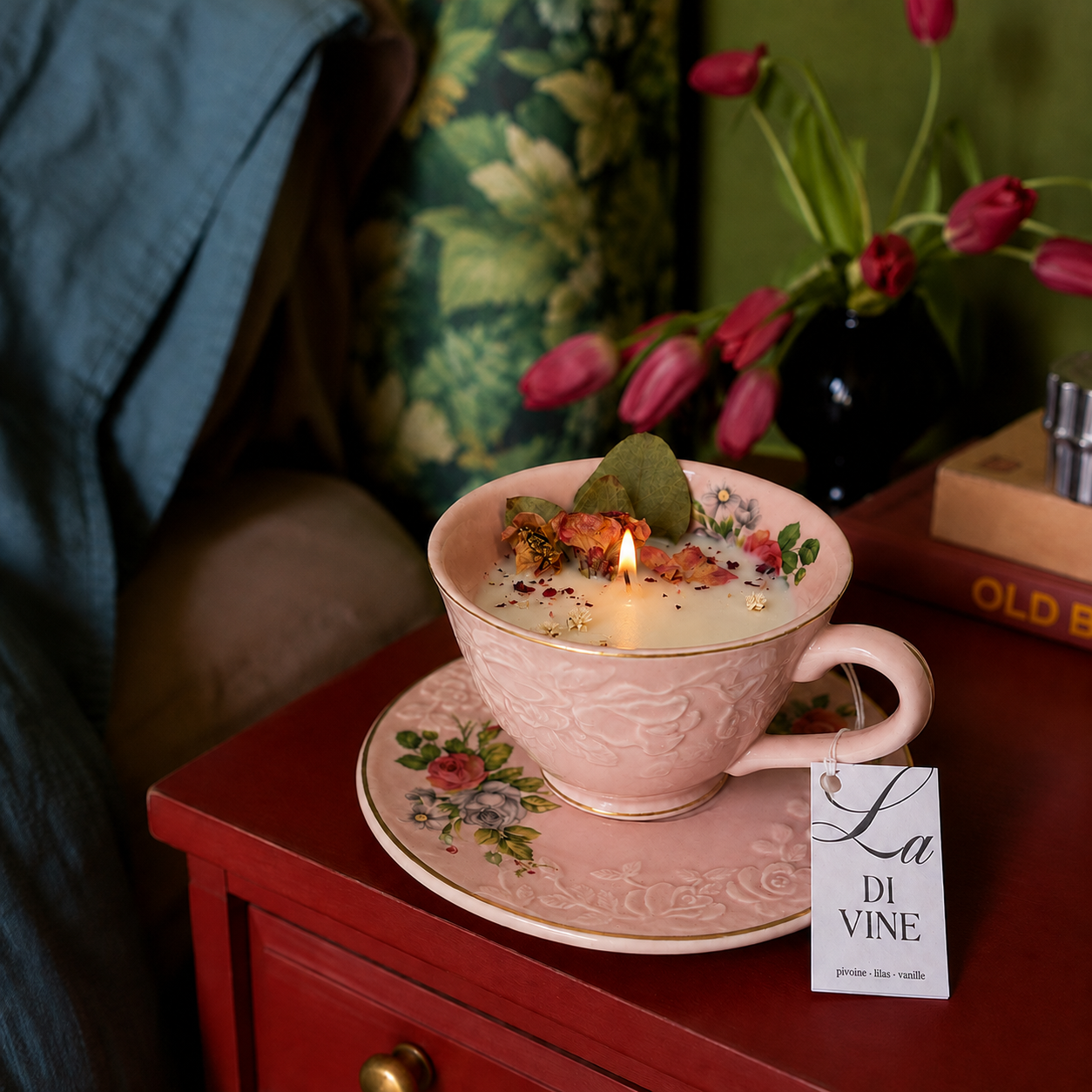 Bougie Pivoine, Lilas & Vanille – Tasse vintage fleurie