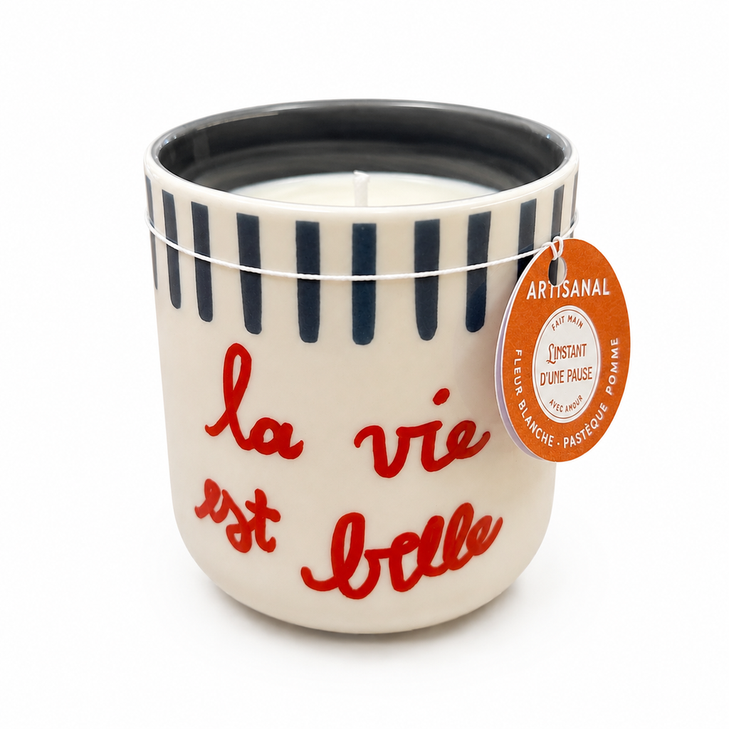Bougie Fleur Blanche, Pastèque & Pomme – Tasse en porcelaine « La vie est belle »