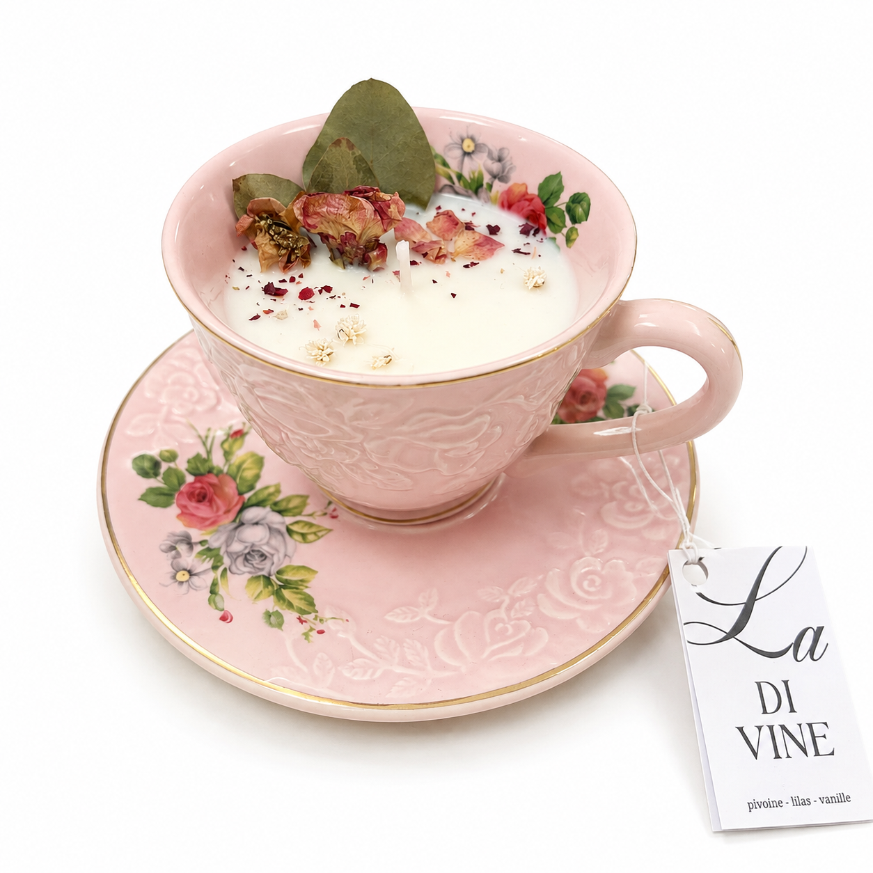 Bougie Pivoine, Lilas & Vanille – Tasse vintage fleurie