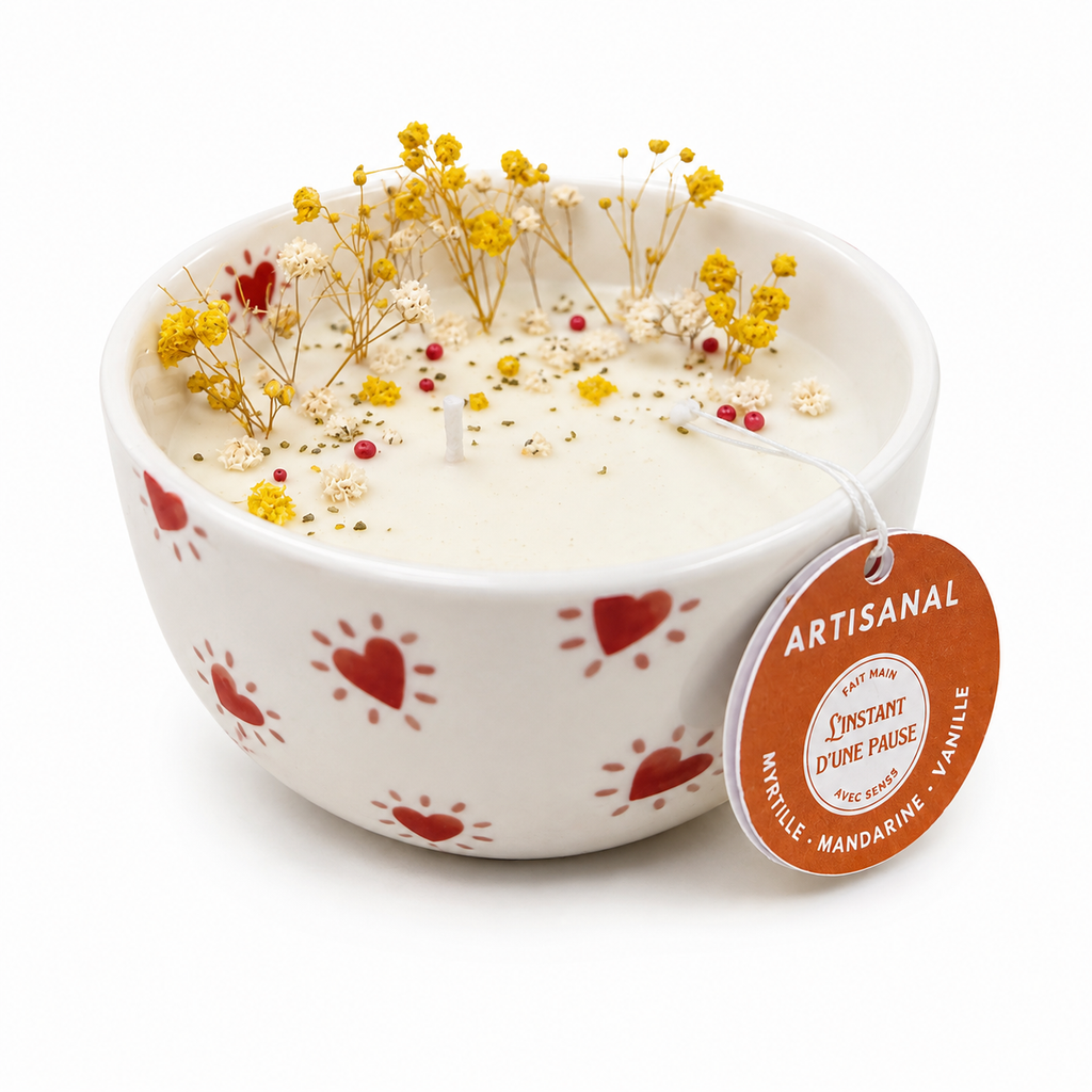 Bougie Myrtille, Mandarine & Vanille – Bol céramique cœurs