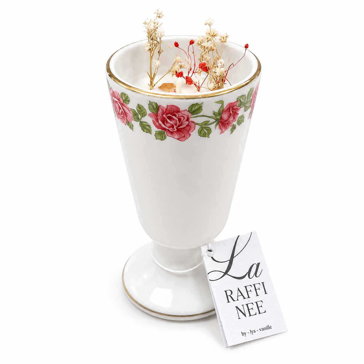 Bougie Lys, Lotus & Vanille – Mazagran fleuri vintage