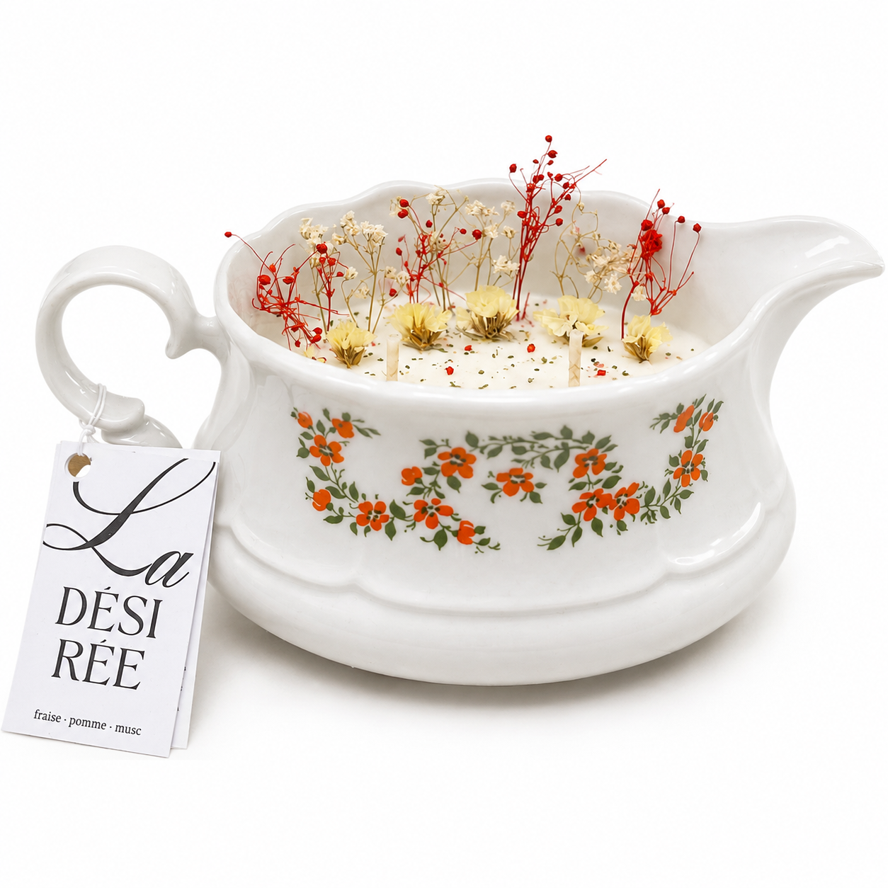 Bougie Fraise, Pomme & Musc – Saucière ancienne fleurie