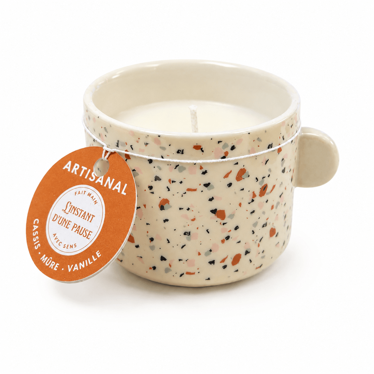 Bougie Cassis, Mûre & Vanille – Tasse graphique terrazzo - L'INSTANT D'UNE PAUSE