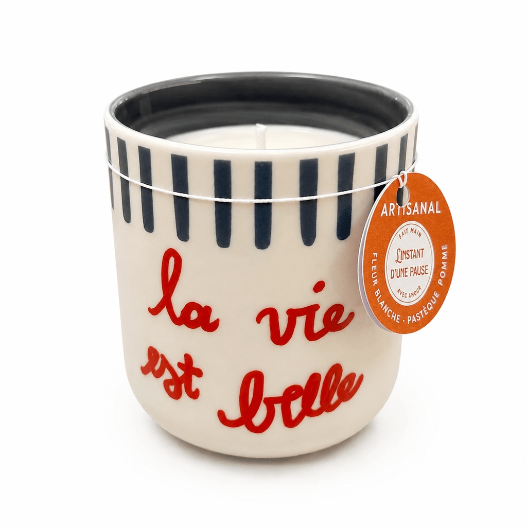 Bougie Fleur Blanche, Pastèque & Pomme – Tasse en porcelaine « La vie est belle » - L'INSTANT D'UNE PAUSE