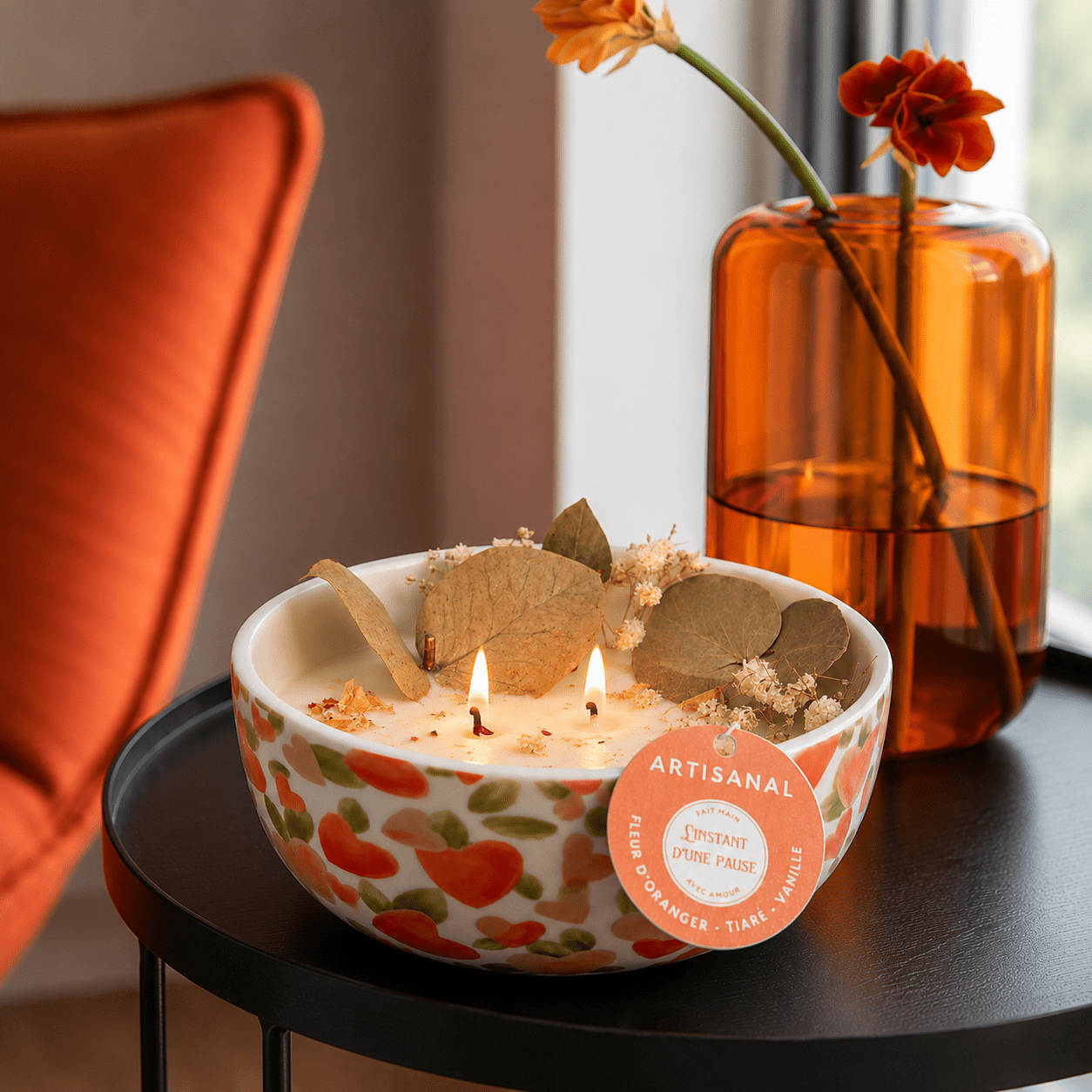 Bougie Fleur d’Oranger, Tiaré & Vanille – Bol céramique cœurs - L'INSTANT D'UNE PAUSE