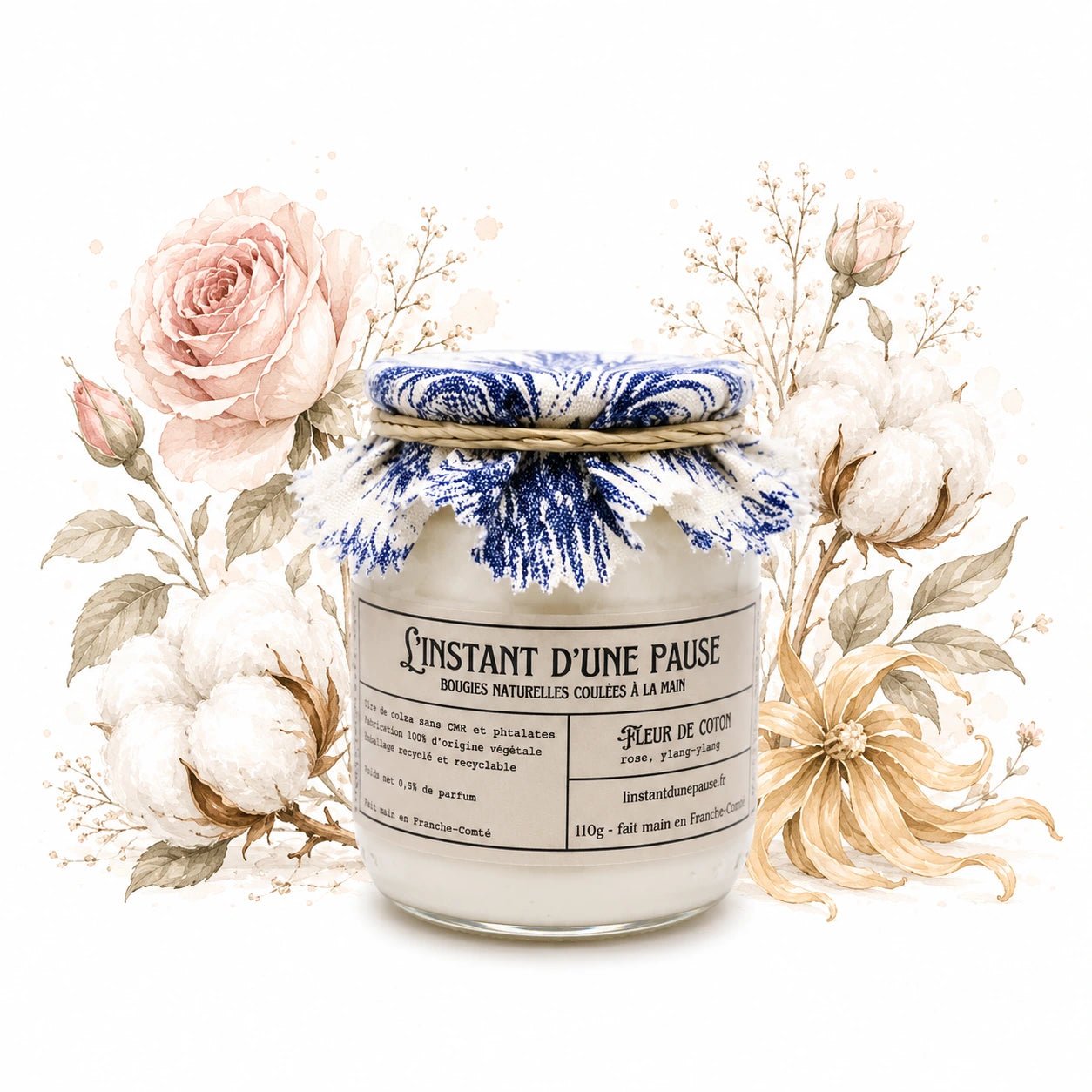 Bougie parfumée fleur de coton – naturelle, artisanale & vegan - L'INSTANT D'UNE PAUSE