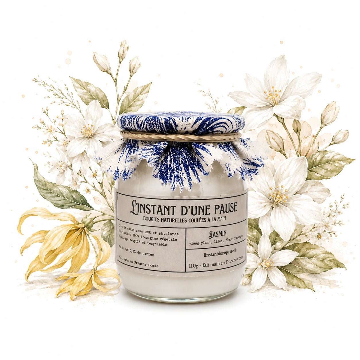 Bougie parfumée jasmin – naturelle, artisanale & vegan - L'INSTANT D'UNE PAUSE