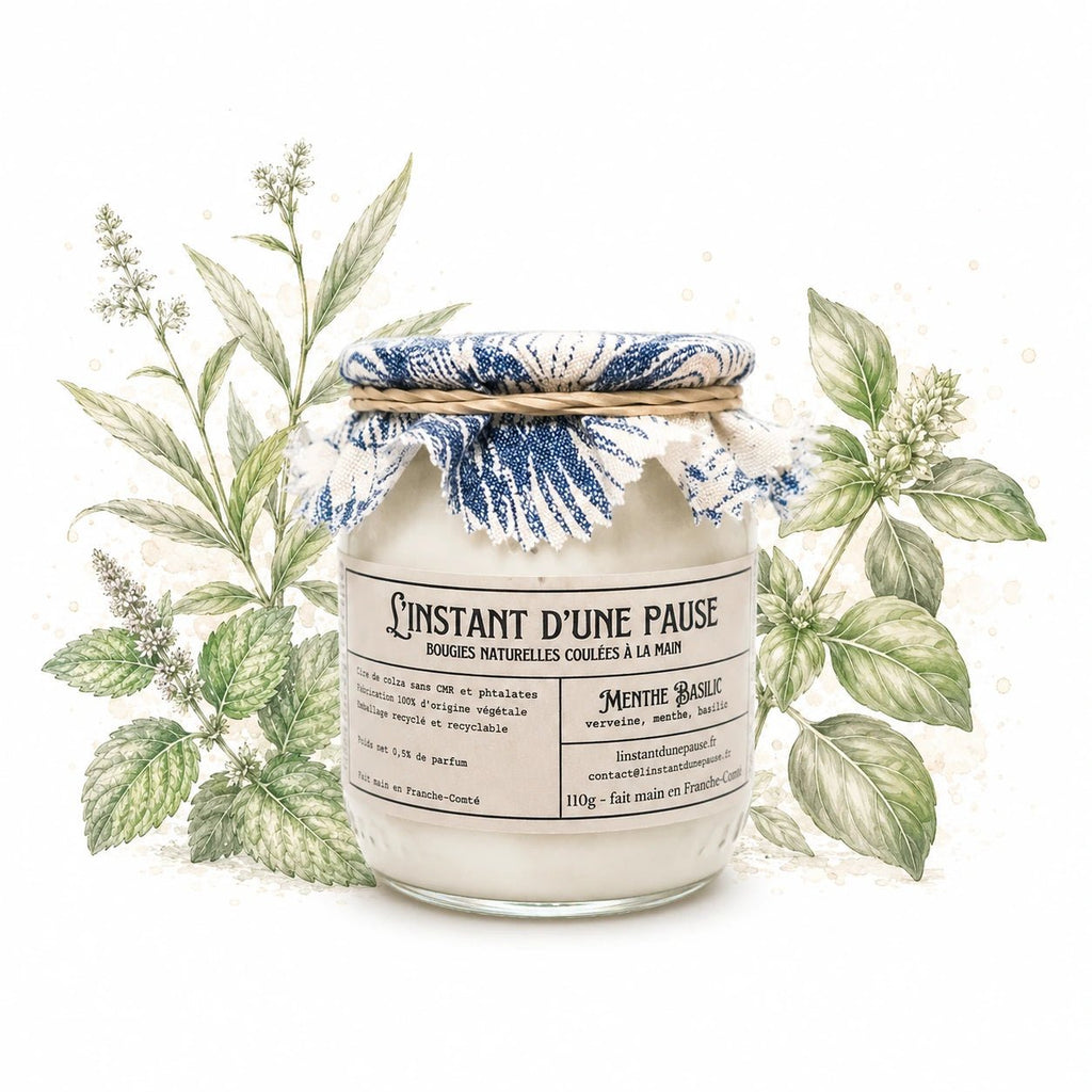 Bougie parfumée menthe basilic – naturelle, artisanale & vegan - L'INSTANT D'UNE PAUSE