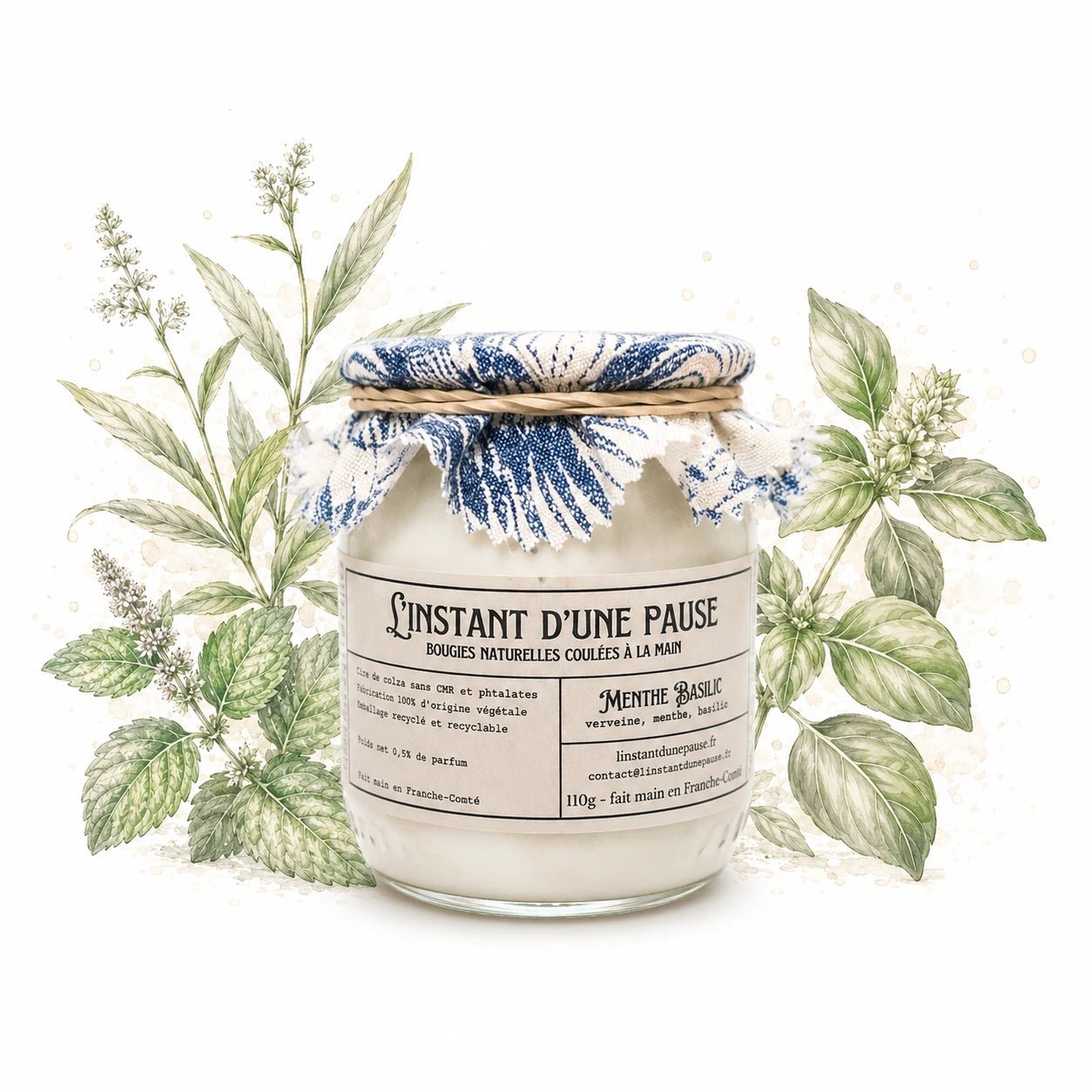 Bougie parfumée menthe basilic – naturelle, artisanale & vegan - L'INSTANT D'UNE PAUSE
