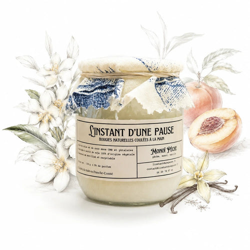 Bougie parfumée monoï pêche – naturelle, artisanale & vegan - L'INSTANT D'UNE PAUSE