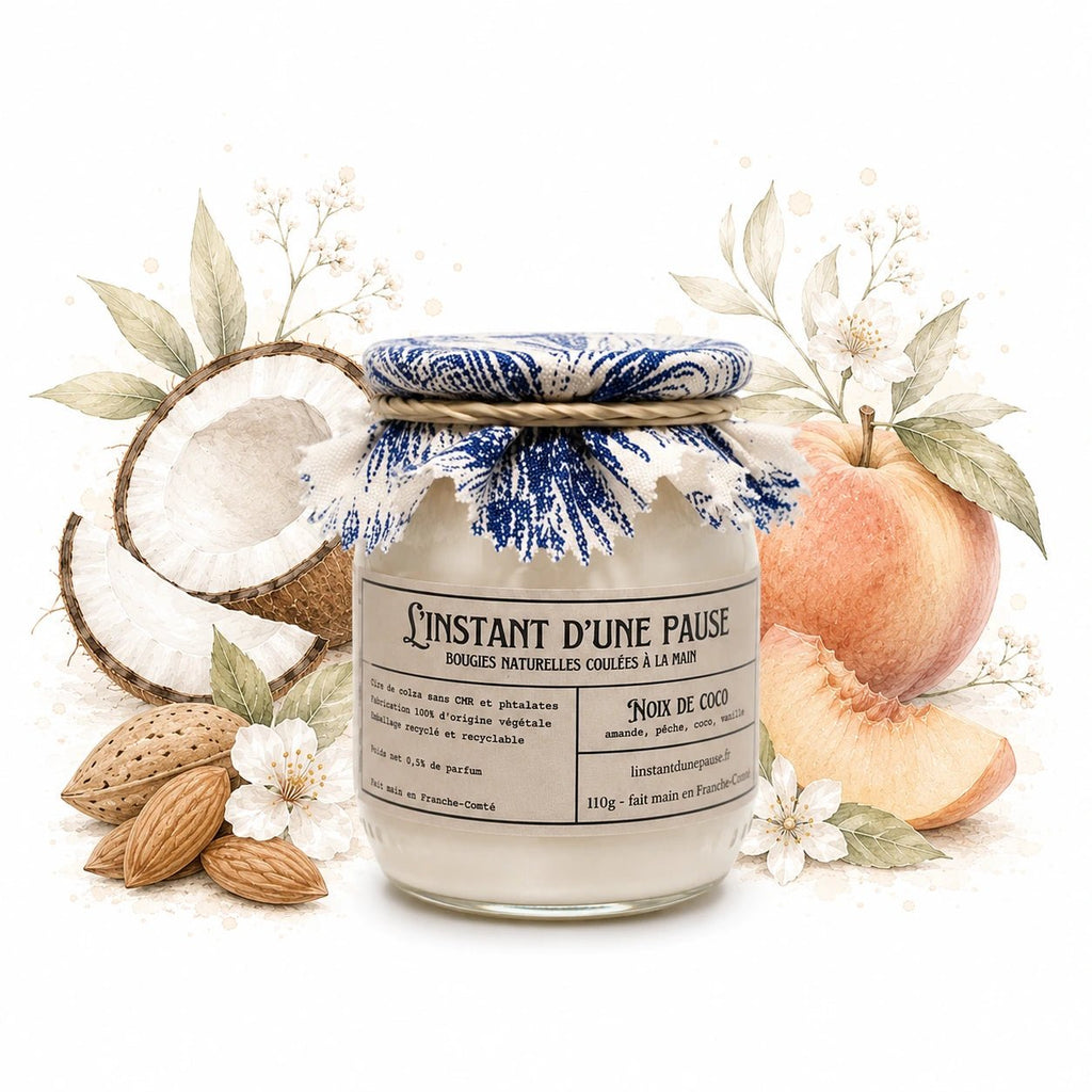 Bougie parfumée noix de coco – naturelle, artisanale & vegan - L'INSTANT D'UNE PAUSE