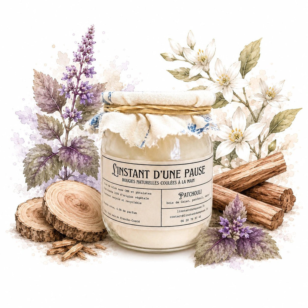 Bougie parfumée patchouli – naturelle, artisanale & vegan - L'INSTANT D'UNE PAUSE