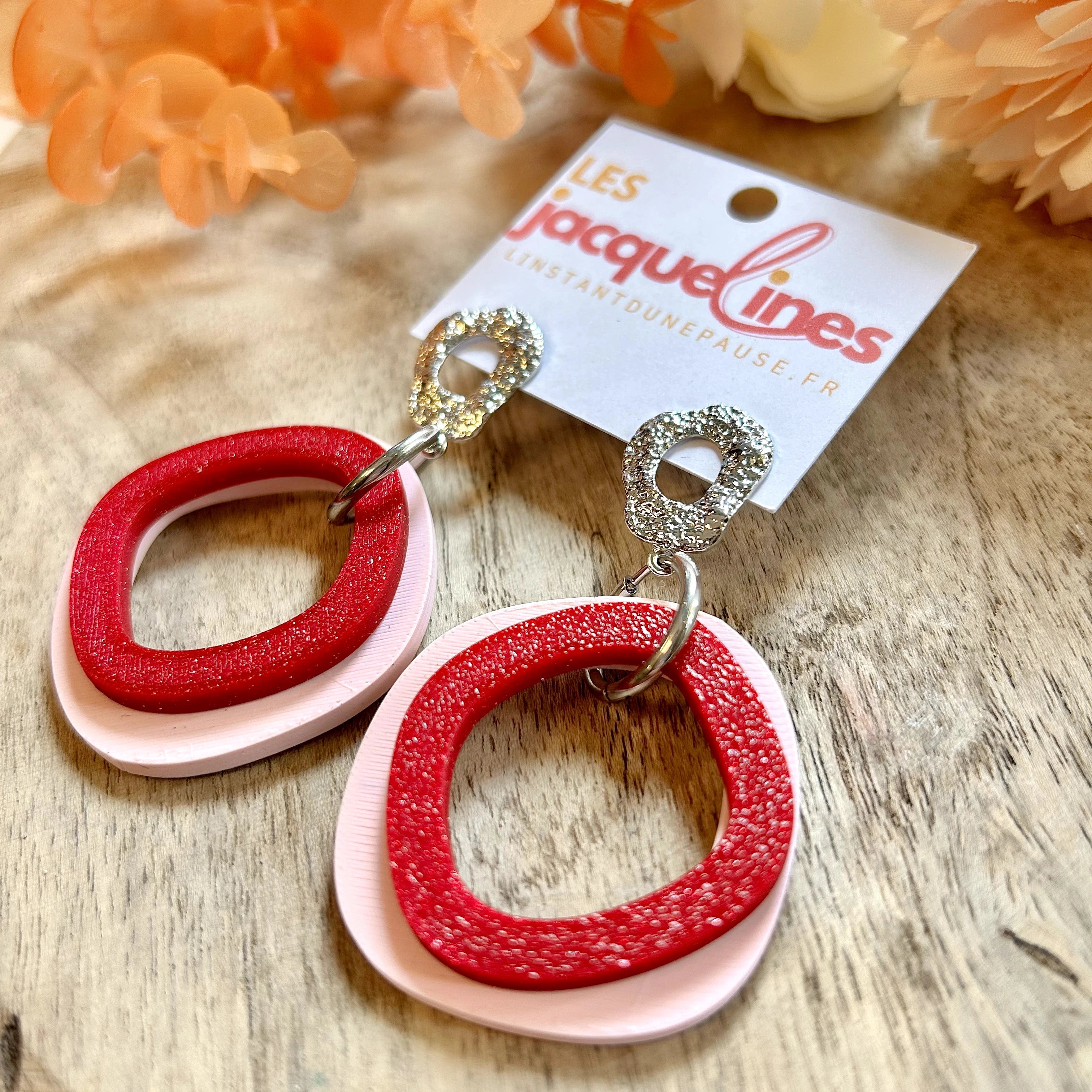 Camille – boucles d’oreilles rose pâle et bordeaux pailleté - L'INSTANT D'UNE PAUSE