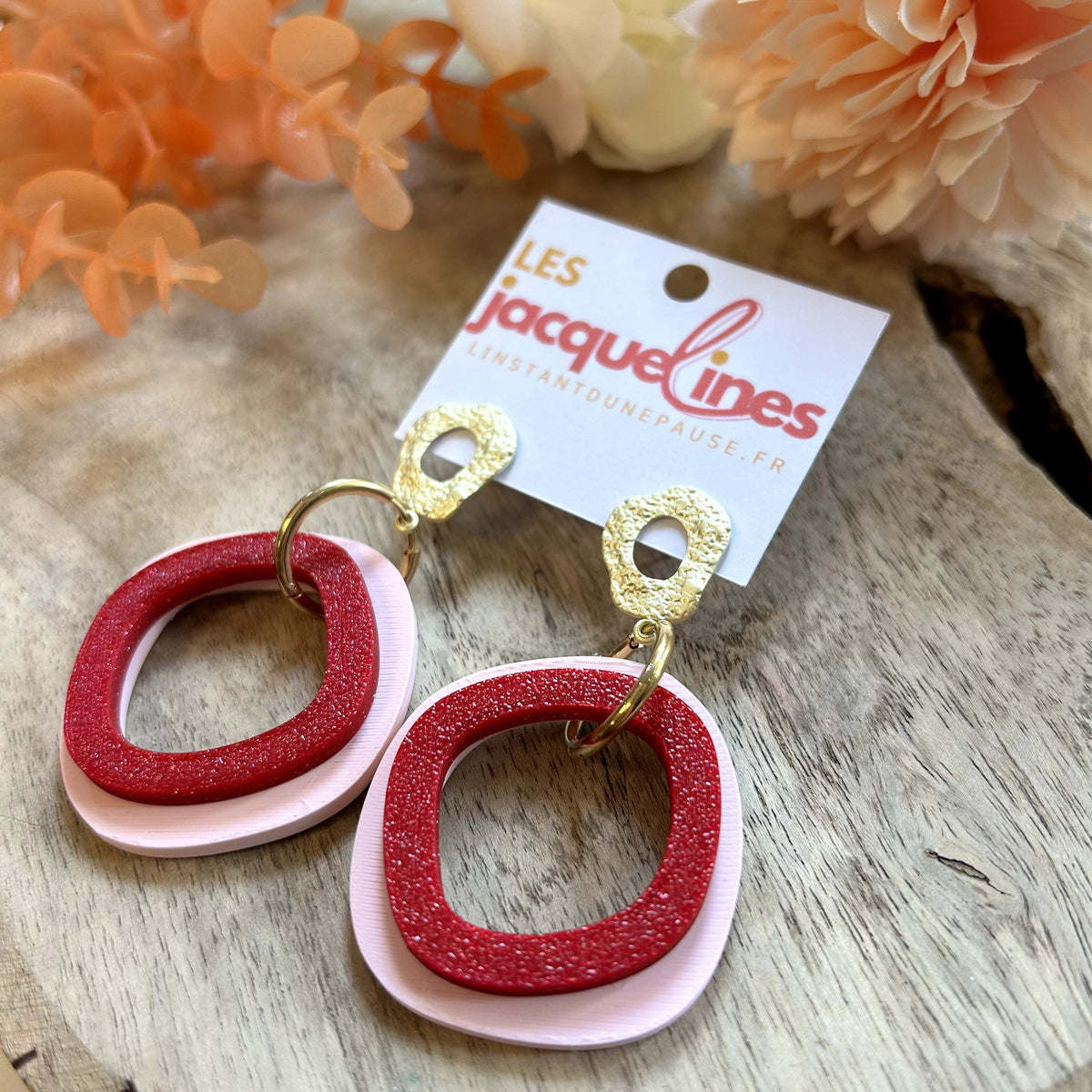Camille – boucles d’oreilles rose pâle et bordeaux pailleté - L'INSTANT D'UNE PAUSE