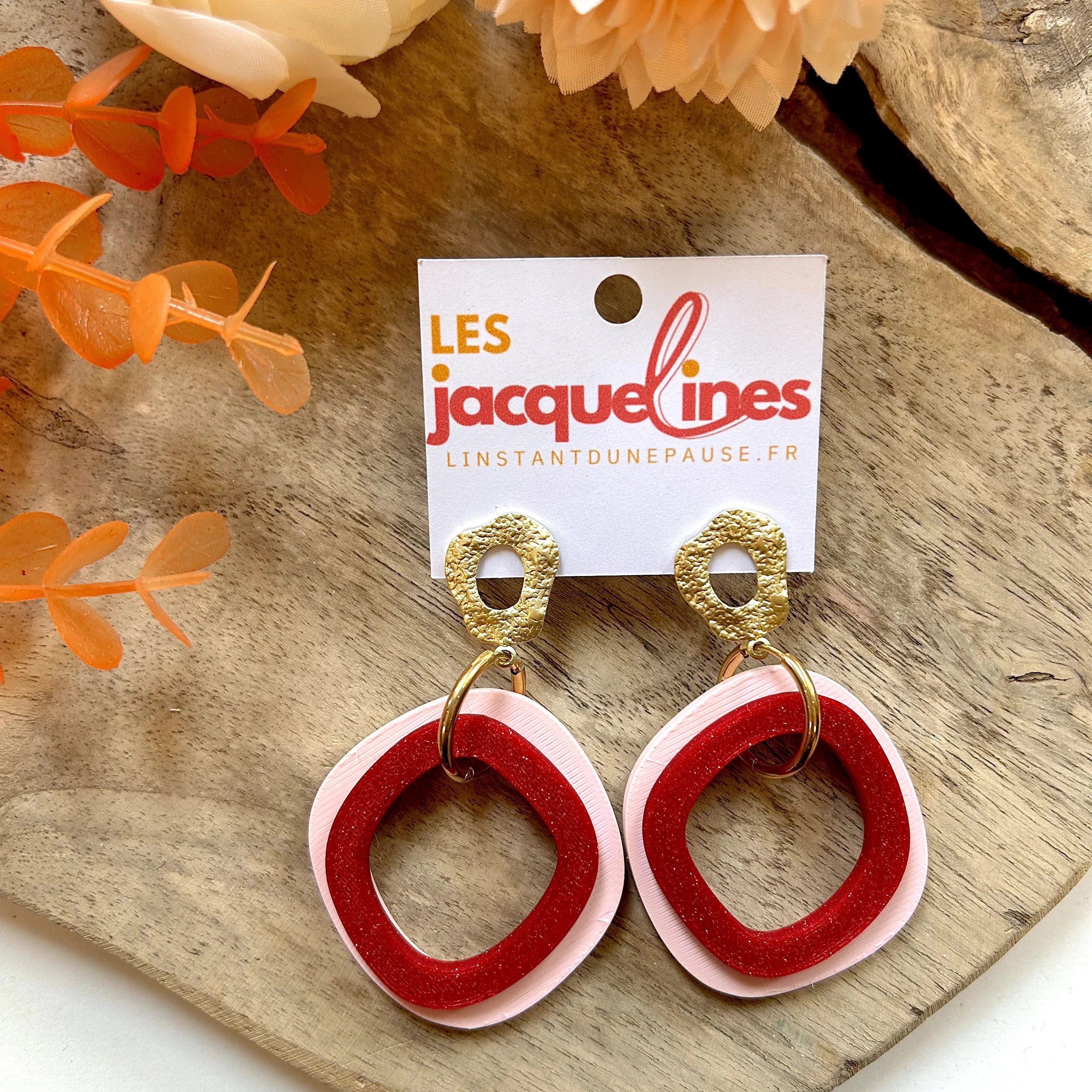 Camille – boucles d’oreilles rose pâle et bordeaux pailleté - L'INSTANT D'UNE PAUSE