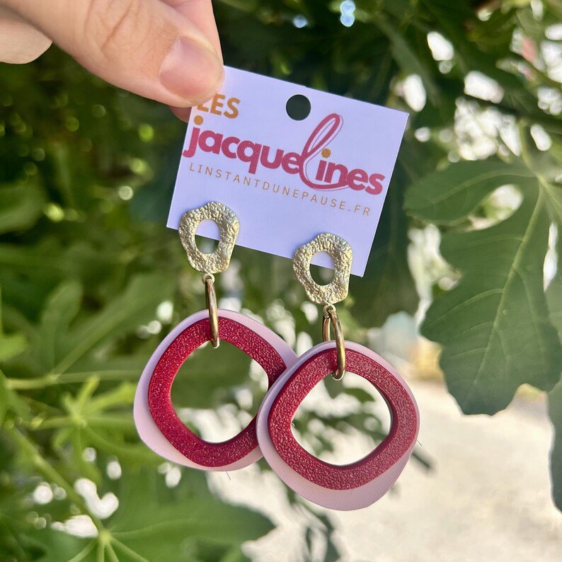 Camille – boucles d’oreilles rose pâle et bordeaux pailleté - L'INSTANT D'UNE PAUSE