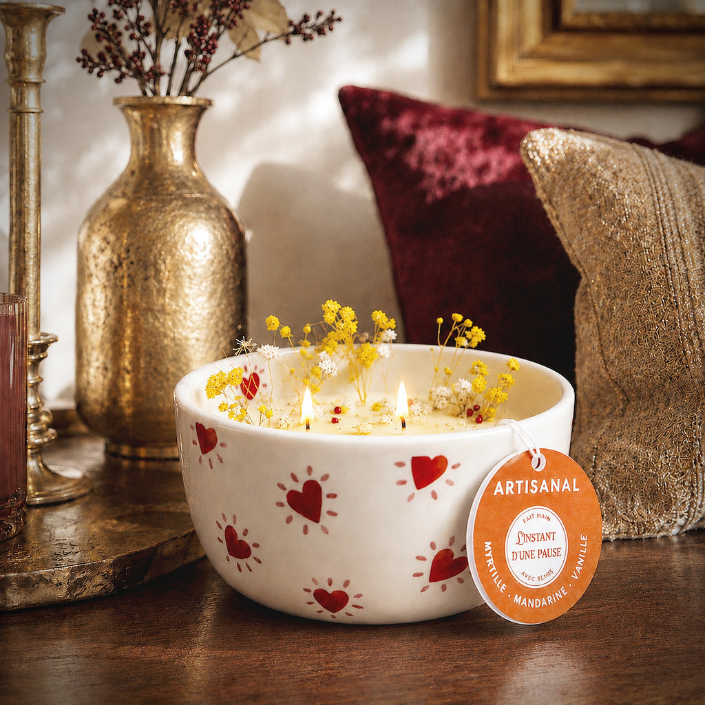 Bougie Myrtille, Mandarine & Vanille – Bol céramique cœurs