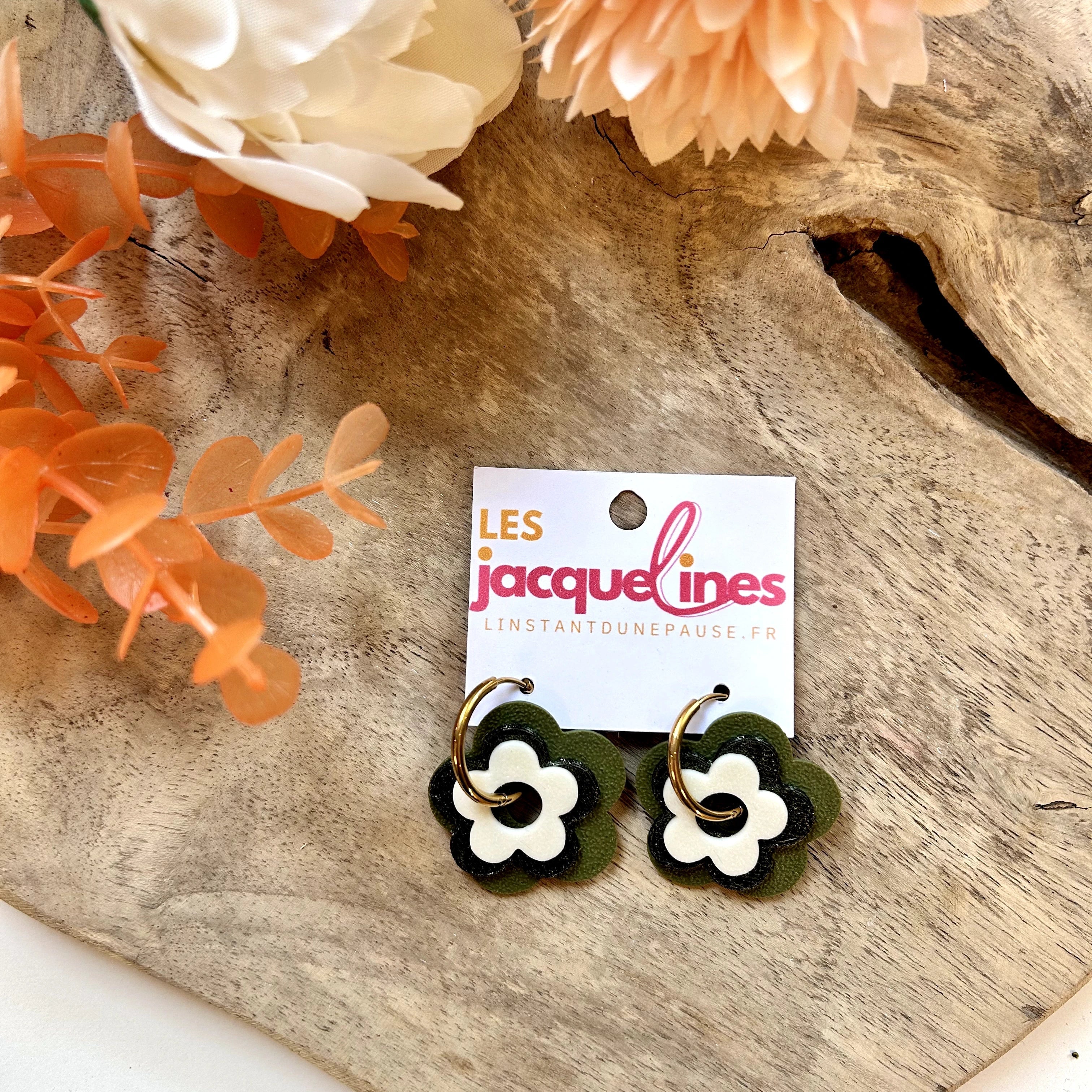 Joséphine – boucles d’oreilles fleuries kaki - L'INSTANT D'UNE PAUSE