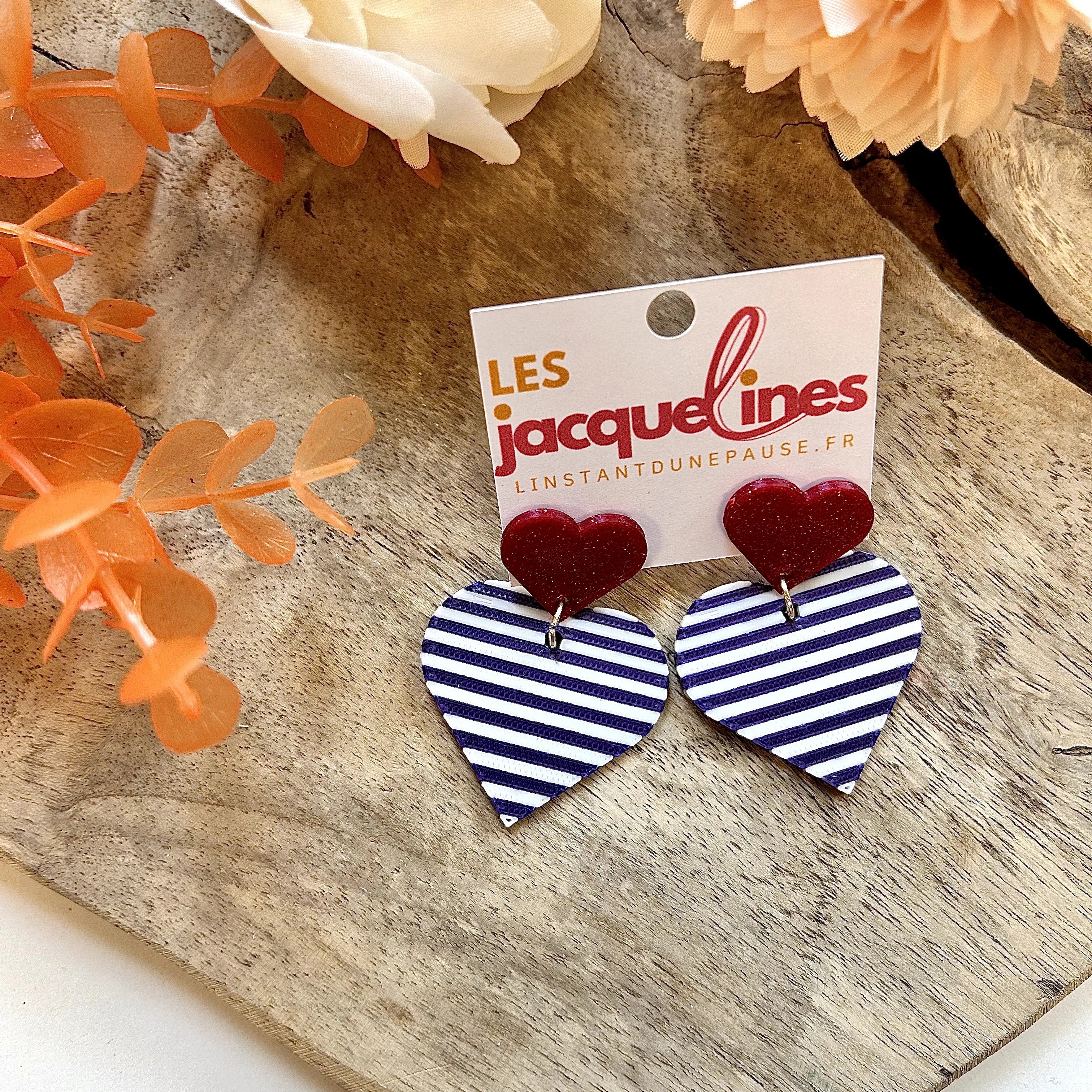 Léonie – boucles d’oreilles cœur marinière bordeaux - L'INSTANT D'UNE PAUSE