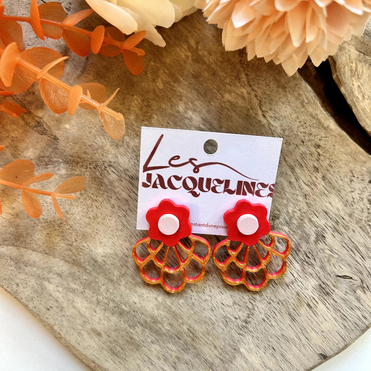 Louise – boucles d’oreilles fleur rouge et doré - L'INSTANT D'UNE PAUSE