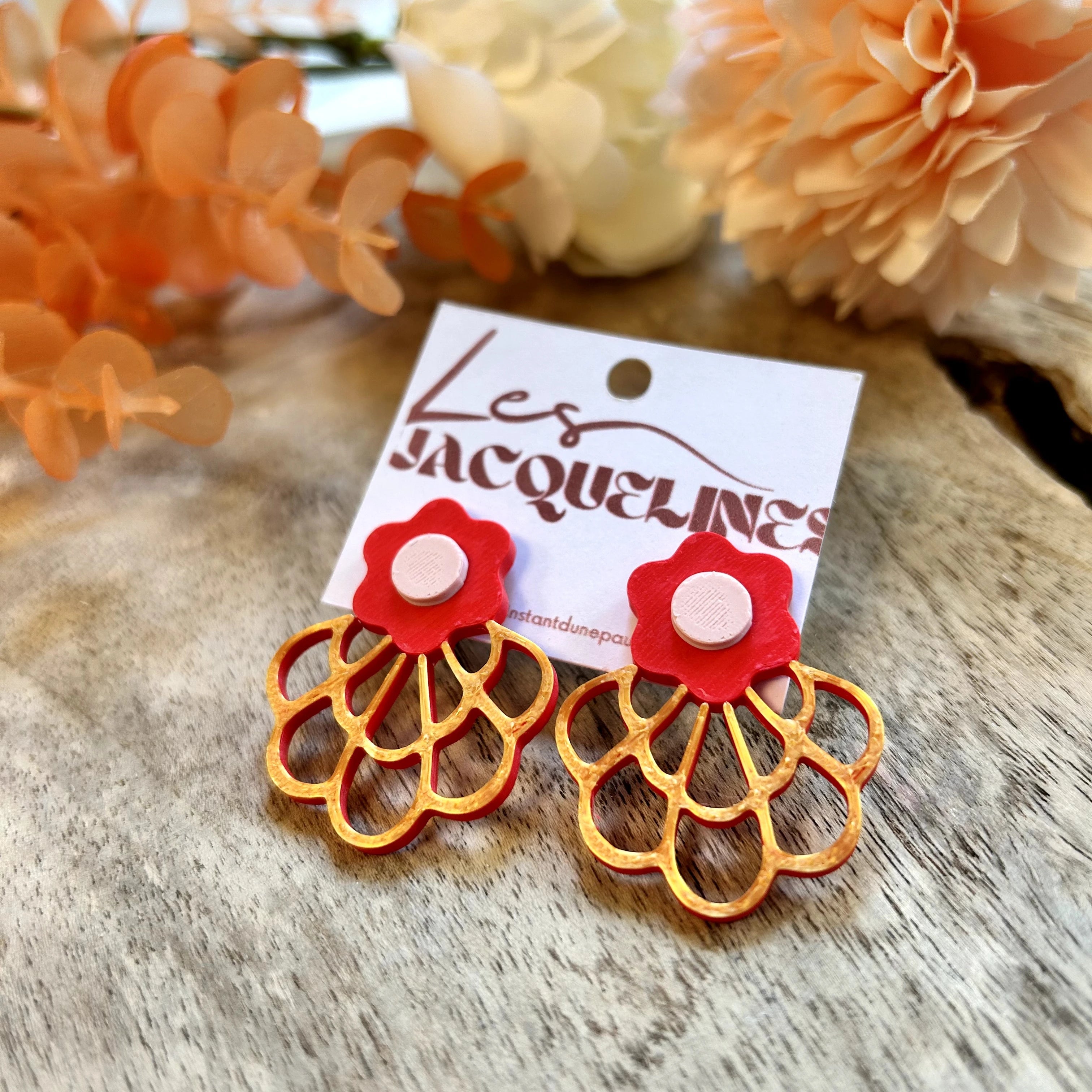 Louise – boucles d’oreilles fleur rouge et doré - L'INSTANT D'UNE PAUSE