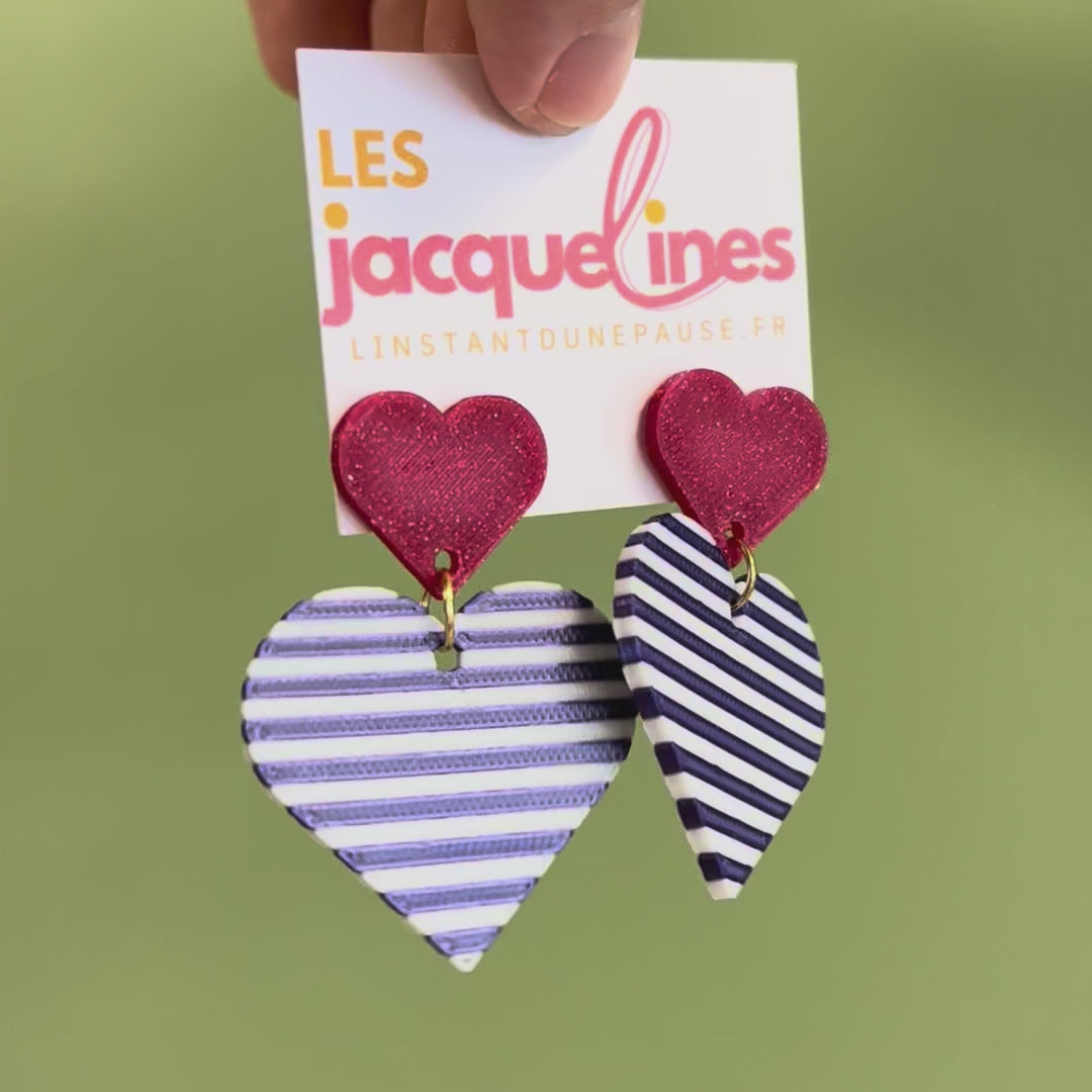 Léonie – boucles d’oreilles cœur marinière bordeaux
