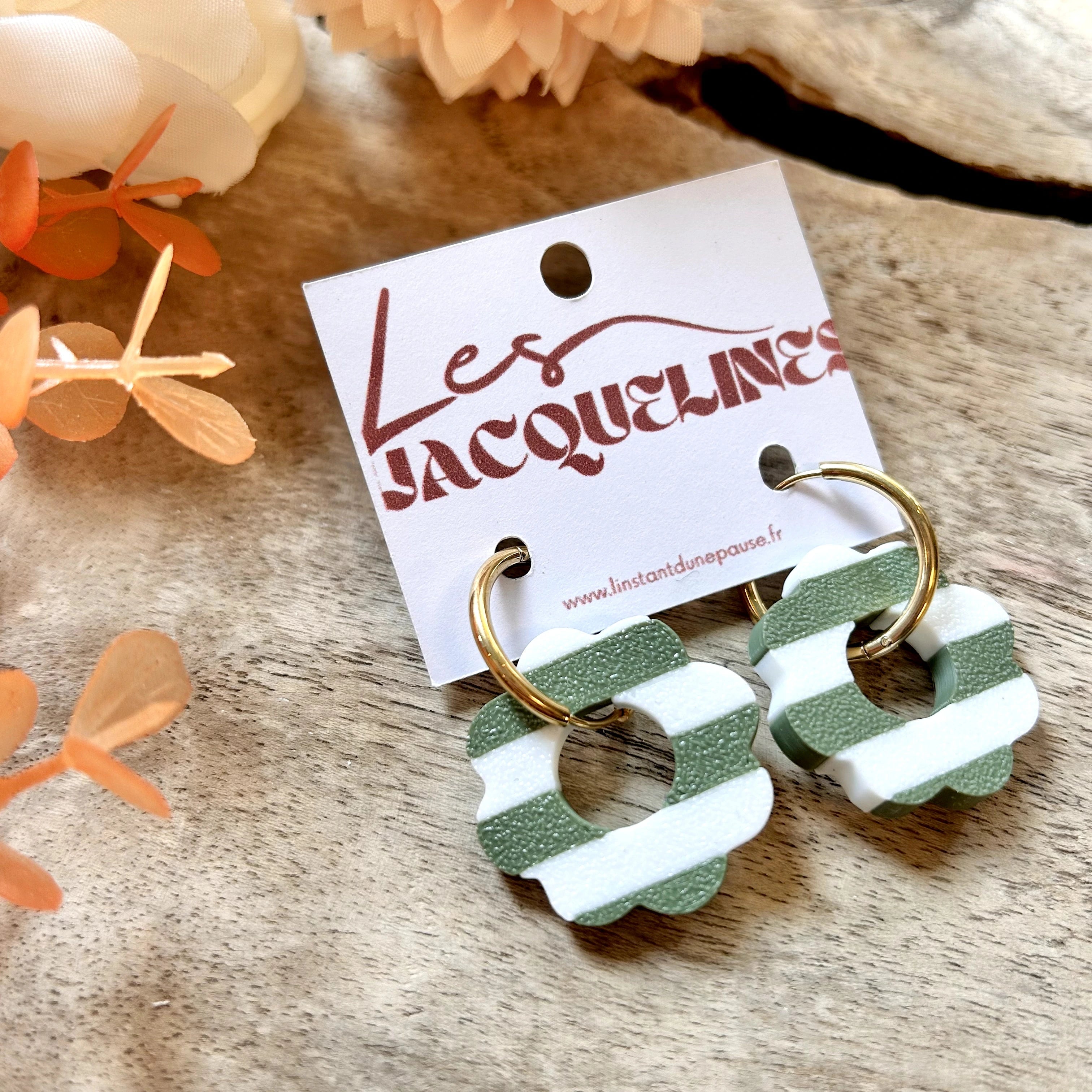 Suzanne – boucles d’oreilles rayées kaki et blanc - L'INSTANT D'UNE PAUSE