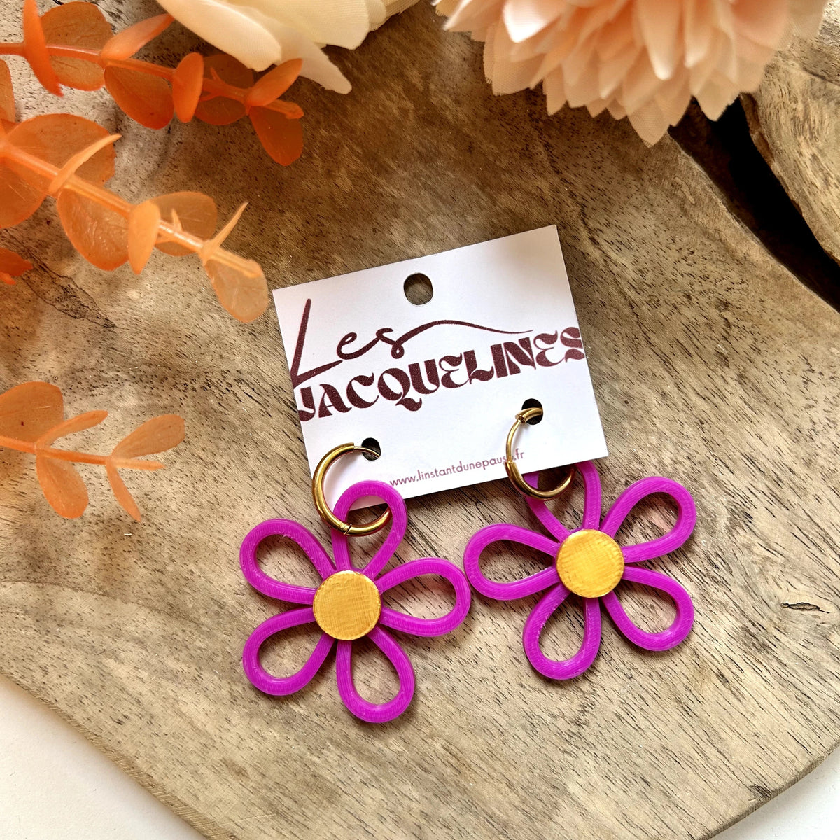 Zoé – boucles d’oreilles fleur fuchsia et doré - L'INSTANT D'UNE PAUSE
