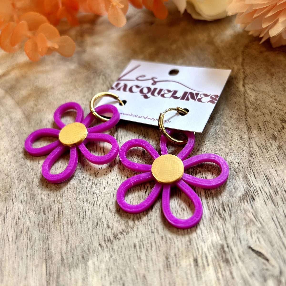 Zoé – boucles d’oreilles fleur fuchsia et doré - L'INSTANT D'UNE PAUSE